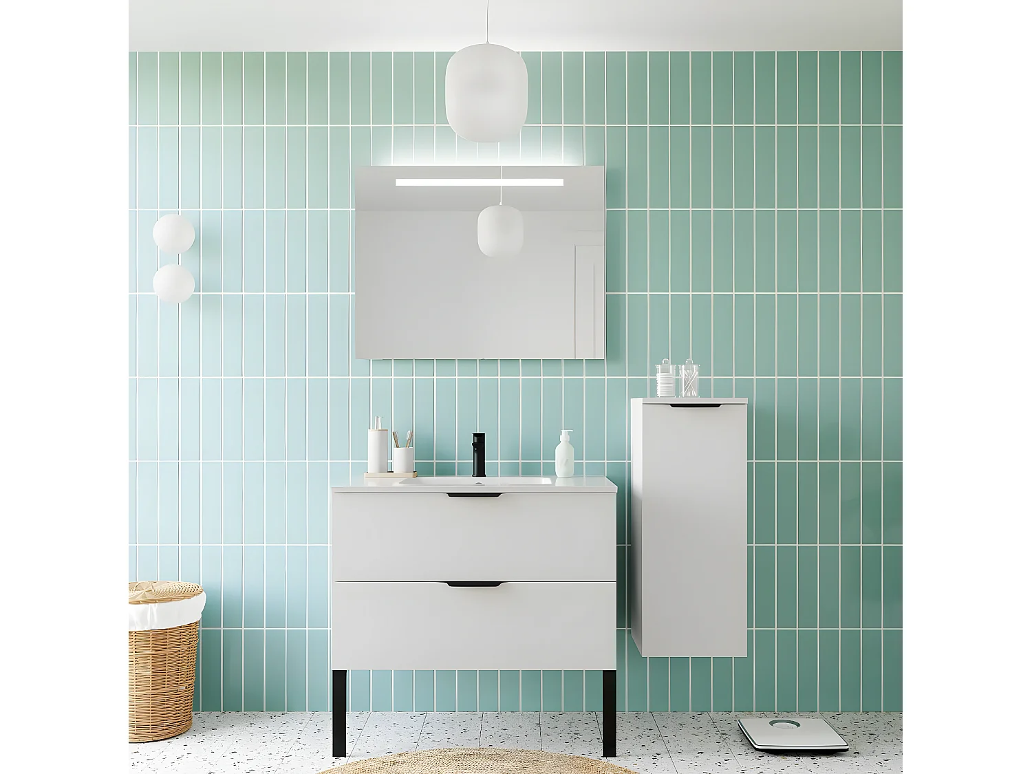 Meuble de salle de bain suspendu vasque intégrée 90cm 2 tiroirs Blanc + miroir + colonne ouverture droite - Soho