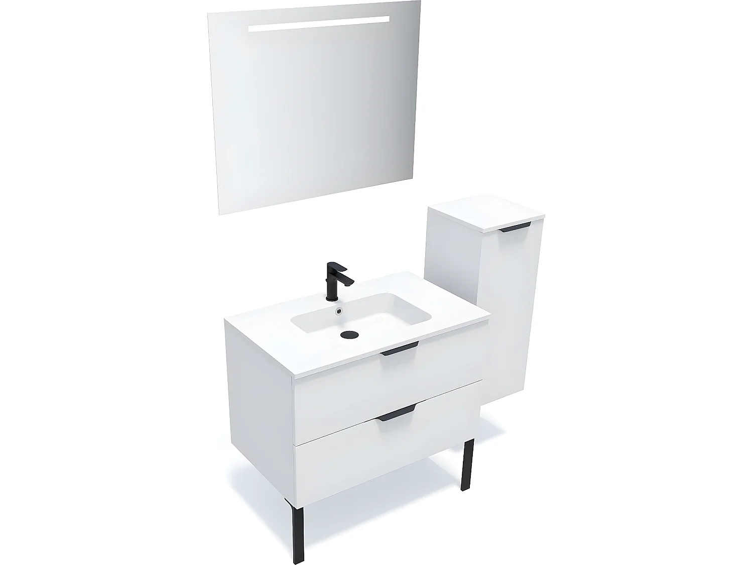 Meuble de salle de bain suspendu vasque intégrée 90cm 2 tiroirs Blanc + miroir + colonne ouverture droite - Soho