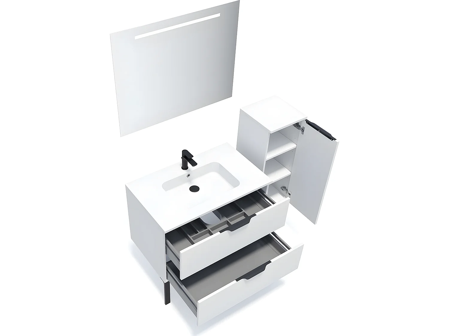 Meuble de salle de bain suspendu vasque intégrée 90cm 2 tiroirs Blanc + miroir + colonne ouverture droite - Soho