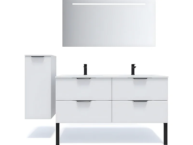 Meuble de salle de bain suspendu double vasque intégrée 140cm 4 tiroirs Blanc + miroir + colonne ouverture gauche - Soho
