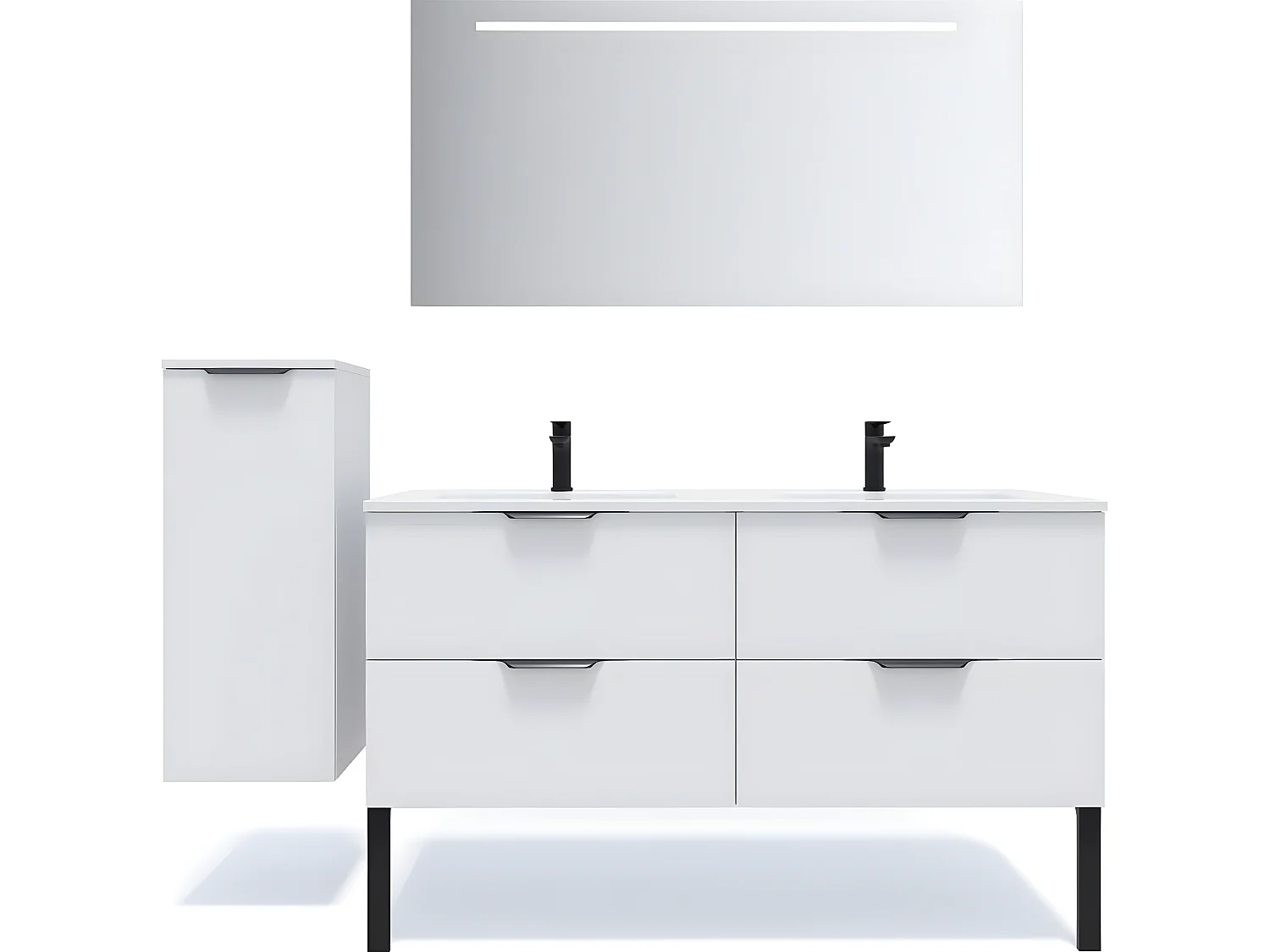 Meuble de salle de bain suspendu double vasque intégrée 140cm 4 tiroirs Blanc + miroir + colonne ouverture gauche - Soho