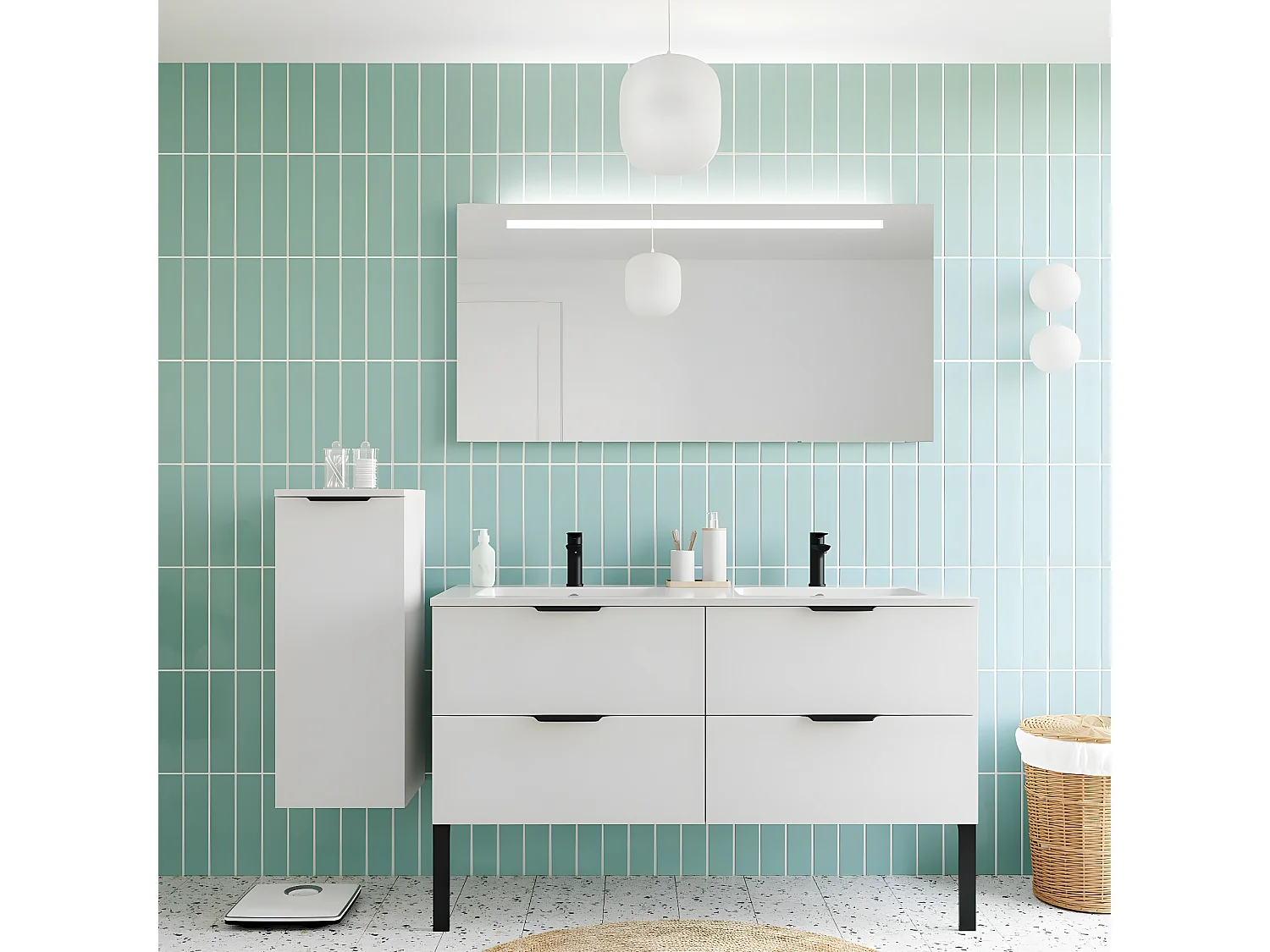 Meuble de salle de bain suspendu double vasque intégrée 140cm 4 tiroirs Blanc + miroir + colonne ouverture gauche - Soho
