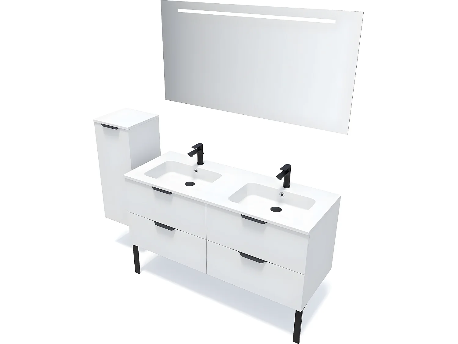Meuble de salle de bain suspendu double vasque intégrée 140cm 4 tiroirs Blanc + miroir + colonne ouverture gauche - Soho