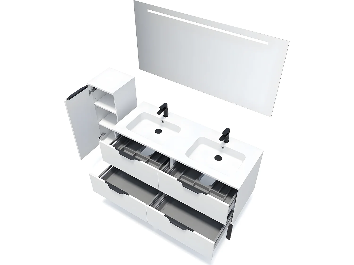Meuble de salle de bain suspendu double vasque intégrée 140cm 4 tiroirs Blanc + miroir + colonne ouverture gauche - Soho