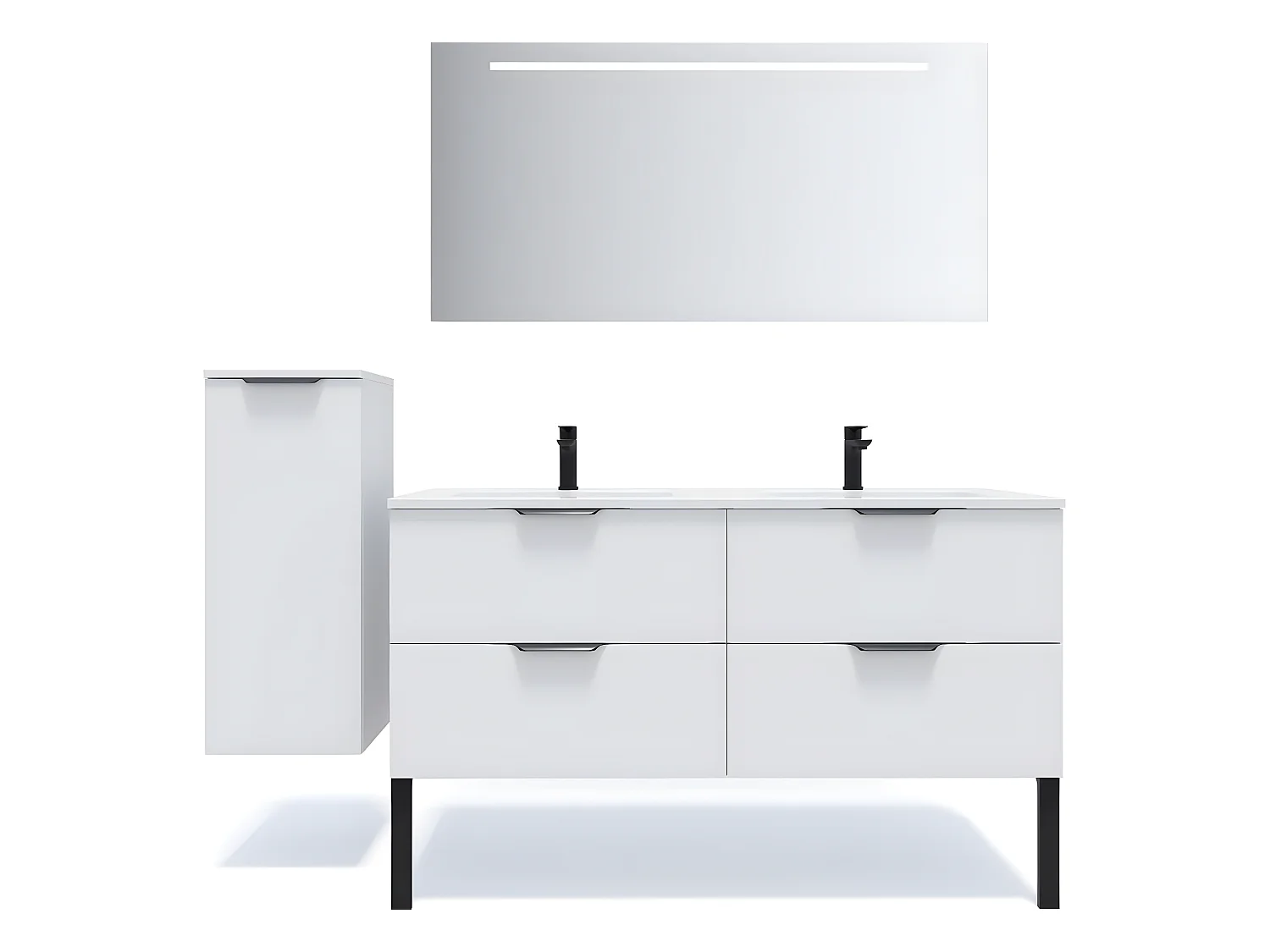 Meuble de salle de bain suspendu double vasque intégrée 140cm 4 tiroirs Blanc + miroir + colonne ouverture gauche - Soho
