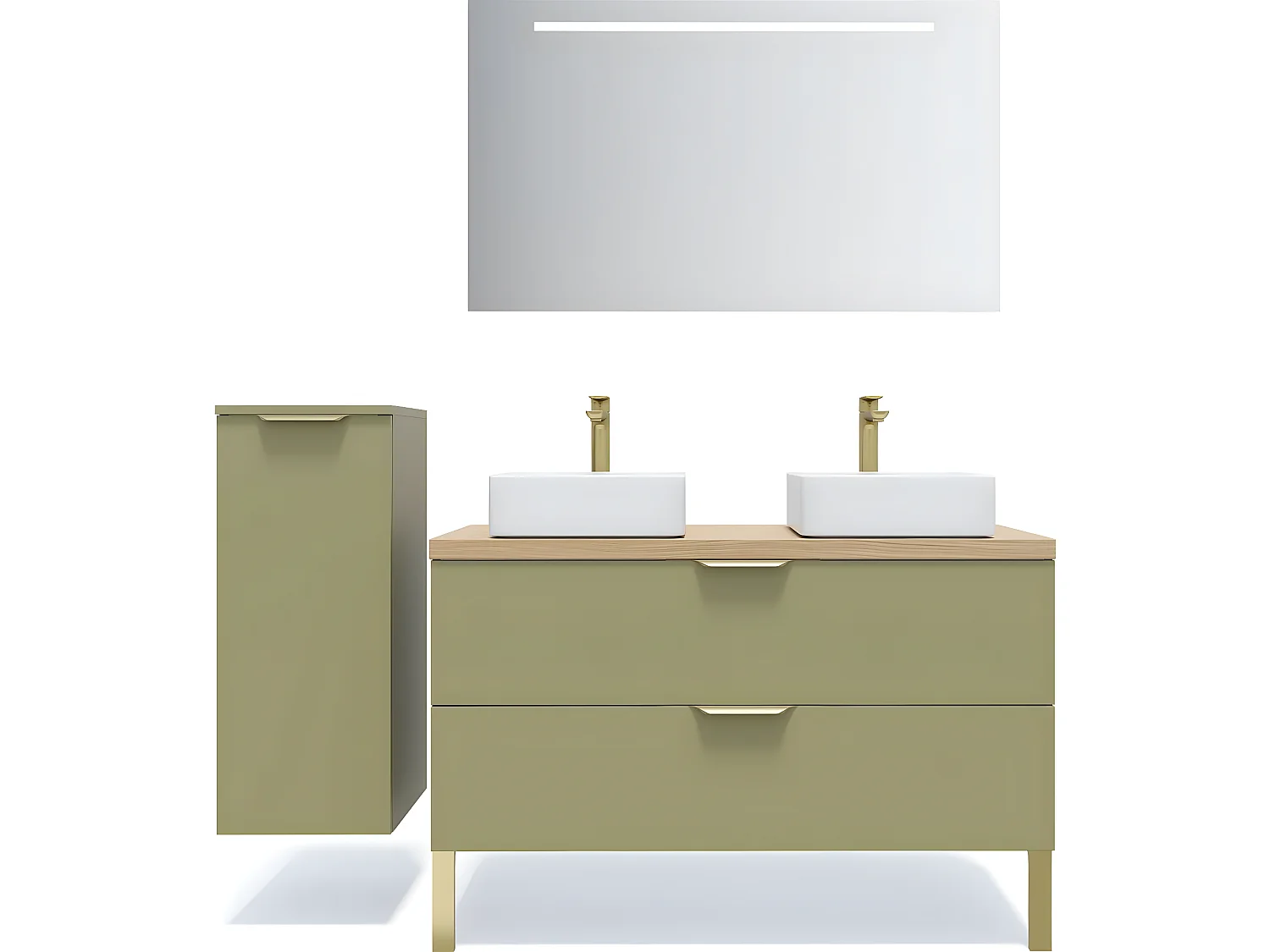 Meuble de salle de bain suspendu 2 vasques à poser 120cm 2 tiroirs Vert olive + miroir + colonne ouverture gauche - Venice