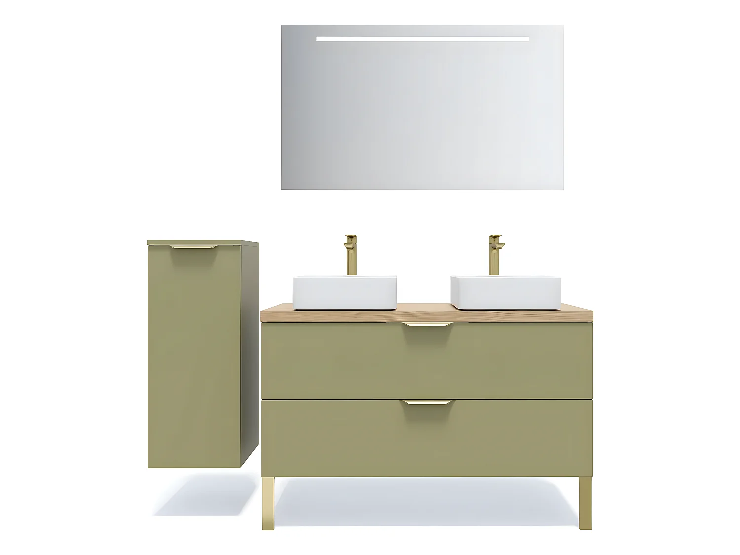Meuble de salle de bain suspendu 2 vasques à poser 120cm 2 tiroirs Vert olive + miroir + colonne ouverture gauche - Venice