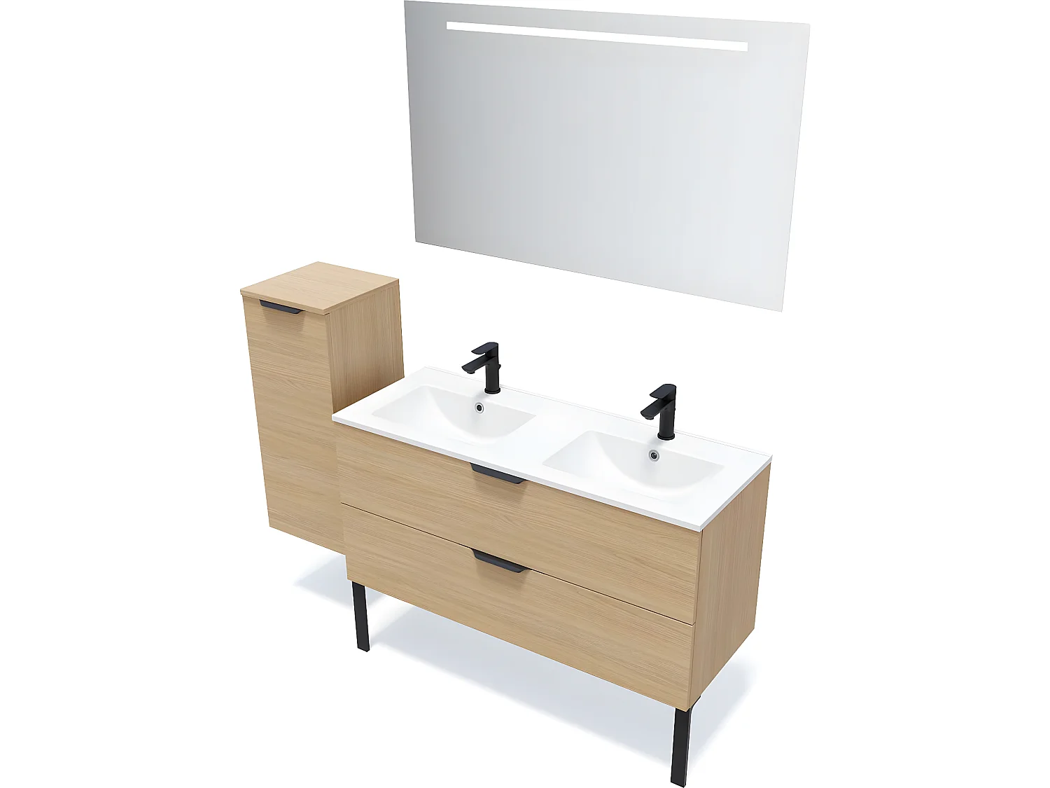 Meuble de salle de bain suspendu double vasque intégrée 120cm 2 tiroirs Chêne clair + miroir + colonne ouverture gauche - Venice