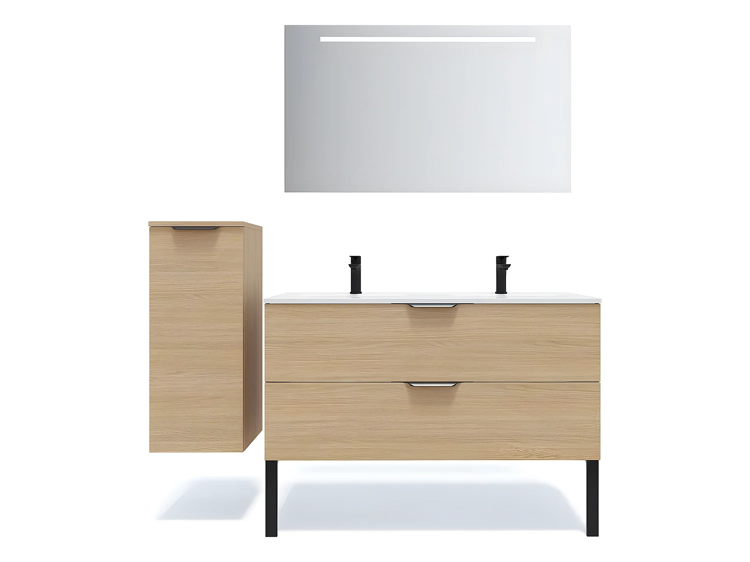 Meuble de salle de bain suspendu double vasque intégrée 120cm 2 tiroirs Chêne clair + miroir + colonne ouverture gauche - Venice