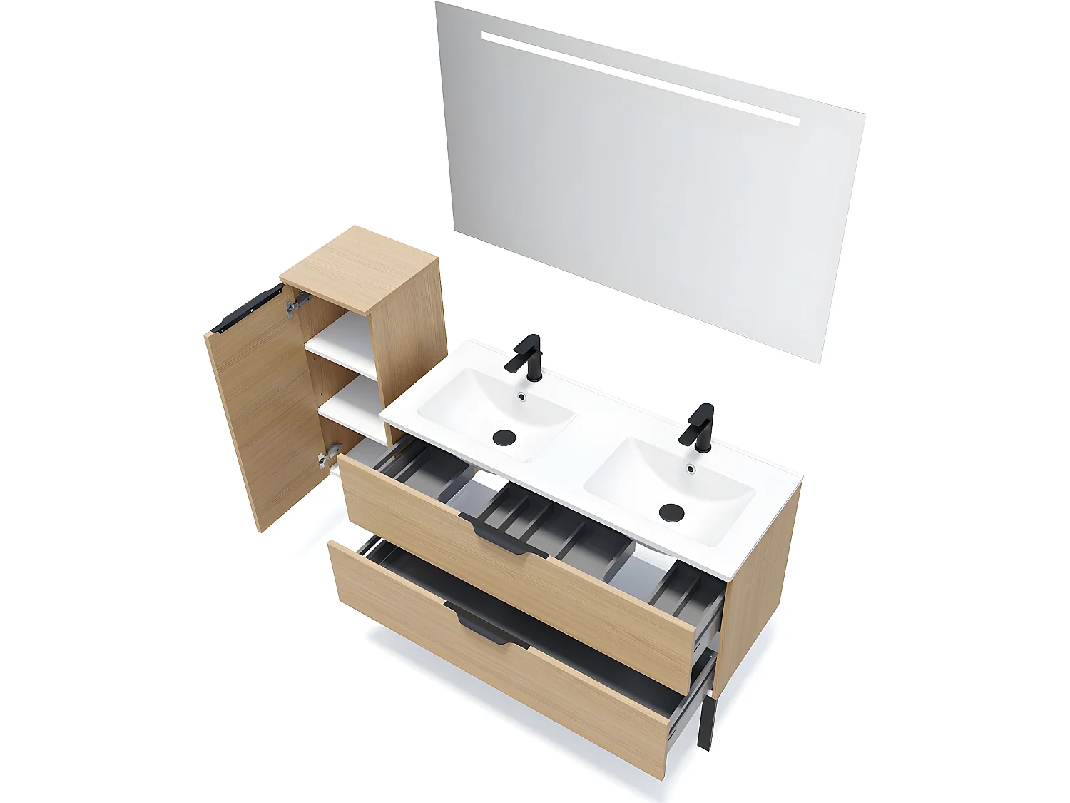 Meuble de salle de bain suspendu double vasque intégrée 120cm 2 tiroirs Chêne clair + miroir + colonne ouverture gauche - Venice
