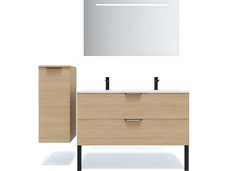 Meuble de salle de bain suspendu double vasque intégrée 120cm 2 tiroirs Chêne clair + miroir + colonne ouverture gauche - Venice