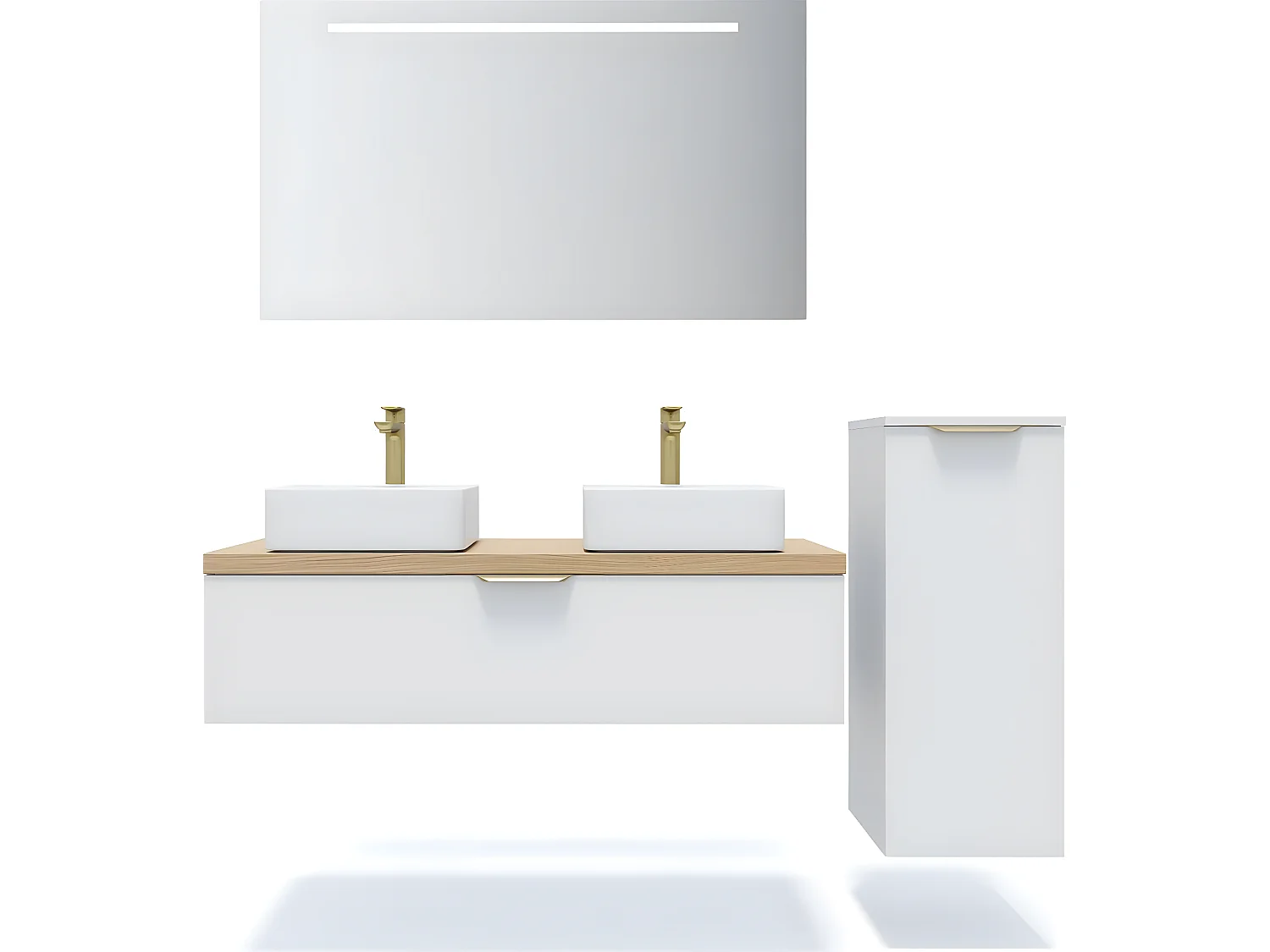 Meuble de salle de bain suspendu 2 vasques à poser 120cm 1 tiroir Blanc + miroir + colonne ouverture droite - Venice