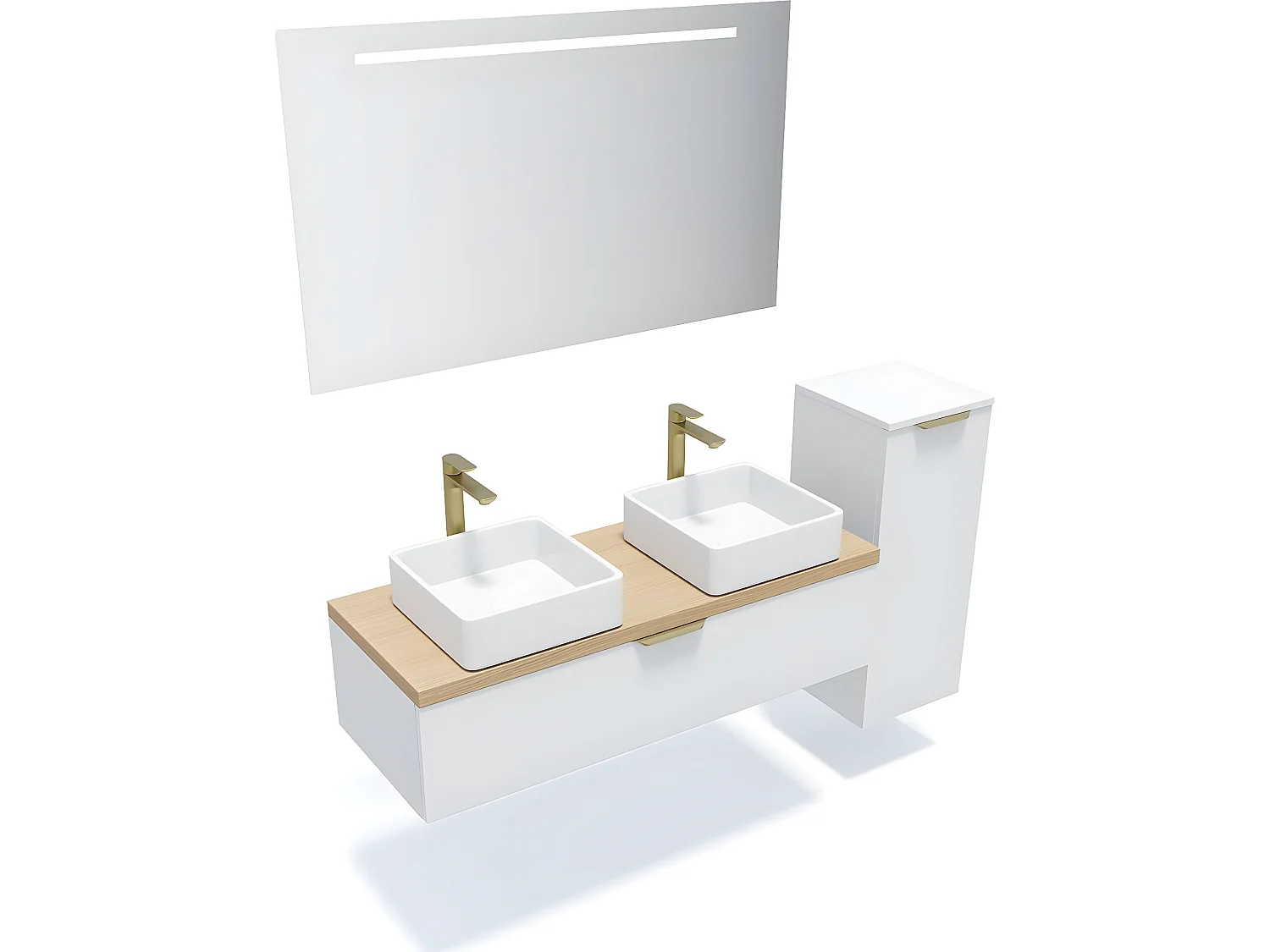 Meuble de salle de bain suspendu 2 vasques à poser 120cm 1 tiroir Blanc + miroir + colonne ouverture droite - Venice