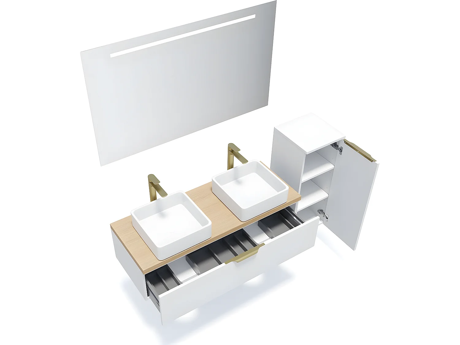 Meuble de salle de bain suspendu 2 vasques à poser 120cm 1 tiroir Blanc + miroir + colonne ouverture droite - Venice