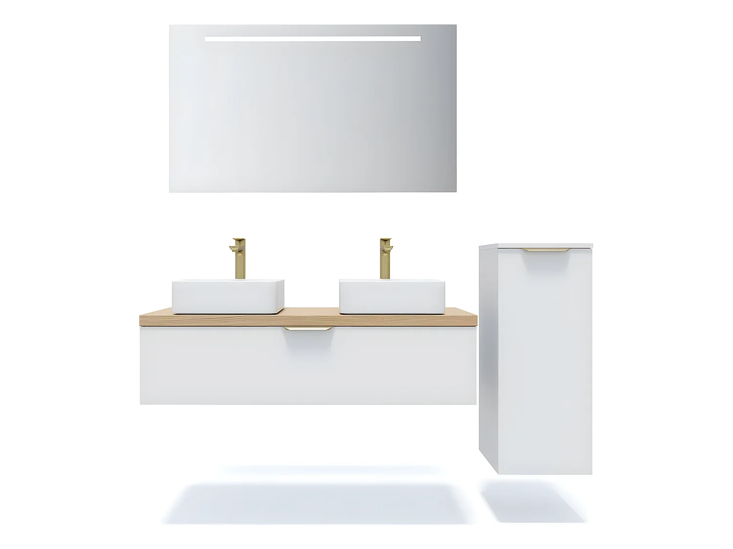 Meuble de salle de bain suspendu 2 vasques à poser 120cm 1 tiroir Blanc + miroir + colonne ouverture droite - Venice