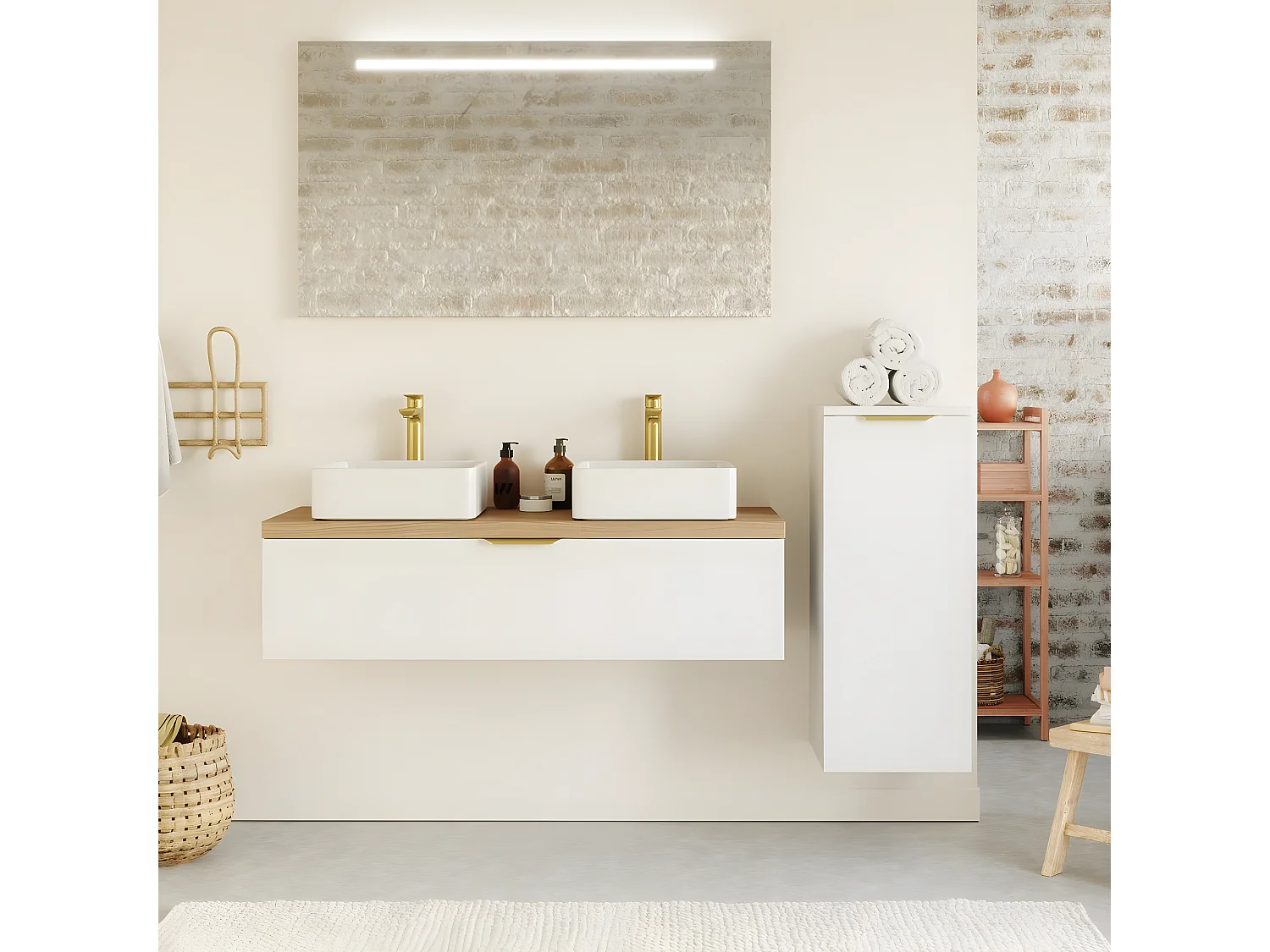 Meuble de salle de bain suspendu 2 vasques à poser 120cm 1 tiroir Blanc + miroir + colonne ouverture droite - Venice