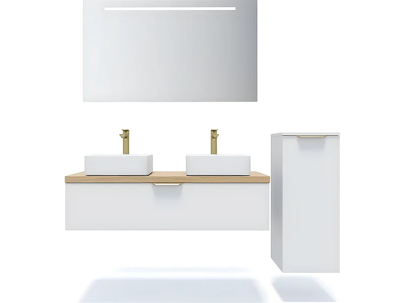 Meuble de salle de bain suspendu 2 vasques à poser 120cm 1 tiroir Blanc + miroir + colonne ouverture droite - Venice