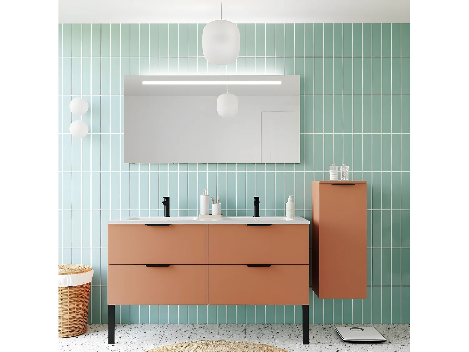 Meuble de salle de bain suspendu double vasque intégrée 140cm 4 tiroirs Terracotta + miroir + colonne ouverture droite - Soho