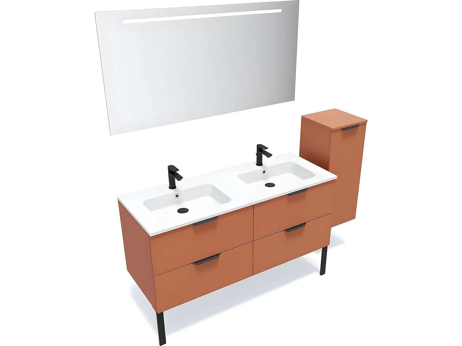 Meuble de salle de bain suspendu double vasque intégrée 140cm 4 tiroirs Terracotta + miroir + colonne ouverture droite - Soho
