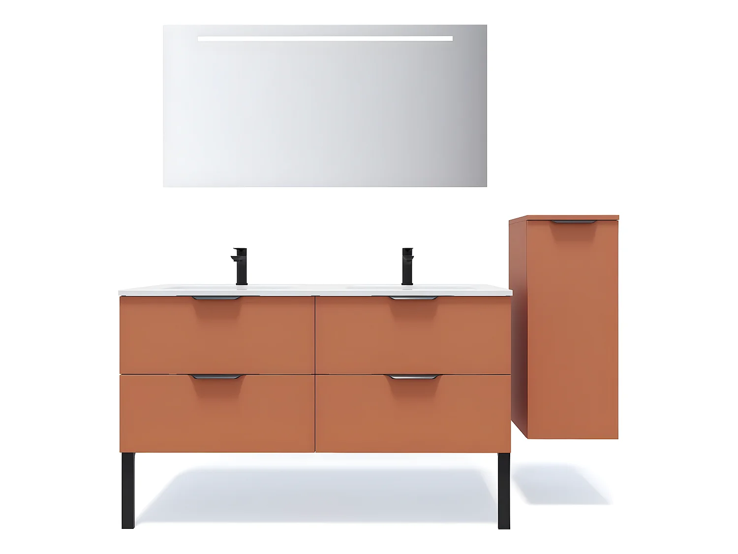 Meuble de salle de bain suspendu double vasque intégrée 140cm 4 tiroirs Terracotta + miroir + colonne ouverture droite - Soho
