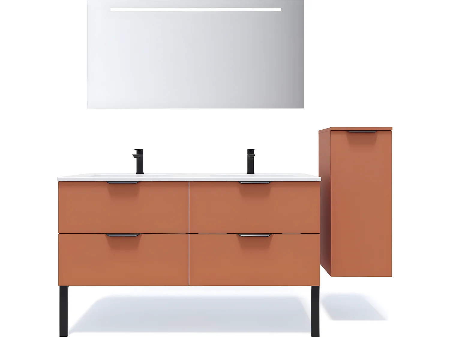 Meuble de salle de bain suspendu double vasque intégrée 140cm 4 tiroirs Terracotta + miroir + colonne ouverture droite - Soho