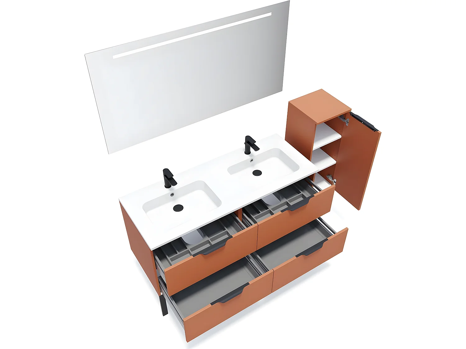 Meuble de salle de bain suspendu double vasque intégrée 140cm 4 tiroirs Terracotta + miroir + colonne ouverture droite - Soho