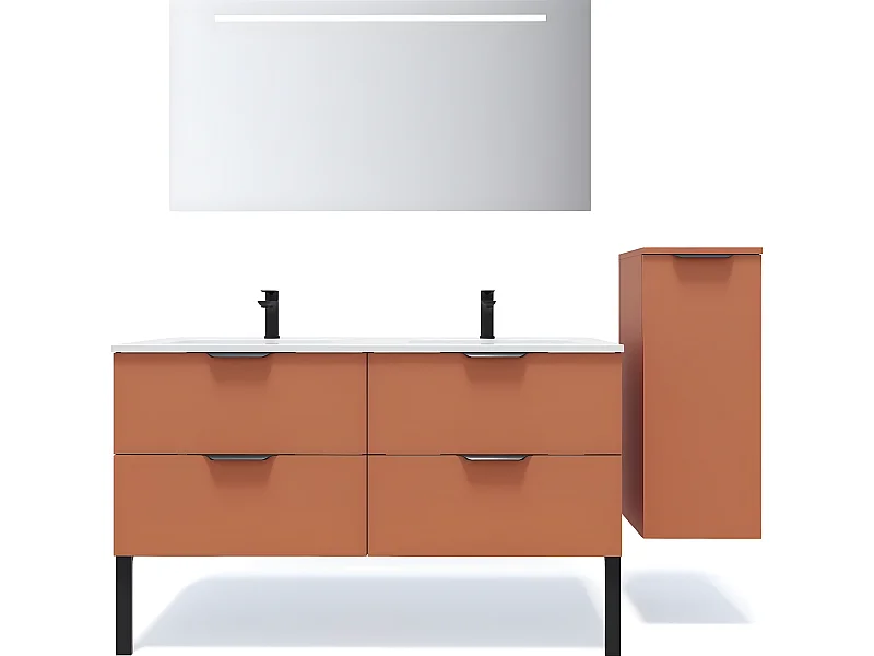 Meuble de salle de bain suspendu double vasque intégrée 140cm 4 tiroirs Terracotta + miroir + colonne ouverture droite - Soho
