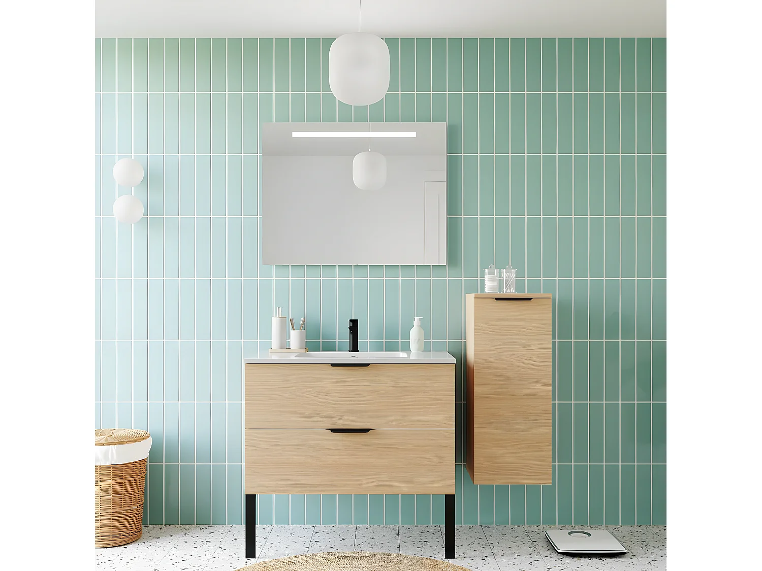 Meuble de salle de bain suspendu vasque intégrée 90cm 2 tiroirs Chêne clair + miroir + colonne ouverture droite - Soho