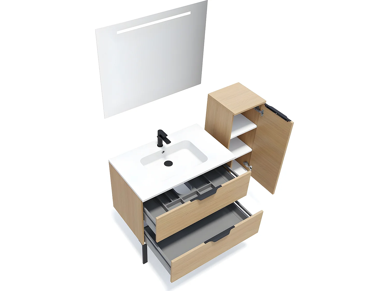 Meuble de salle de bain suspendu vasque intégrée 90cm 2 tiroirs Chêne clair + miroir + colonne ouverture droite - Soho