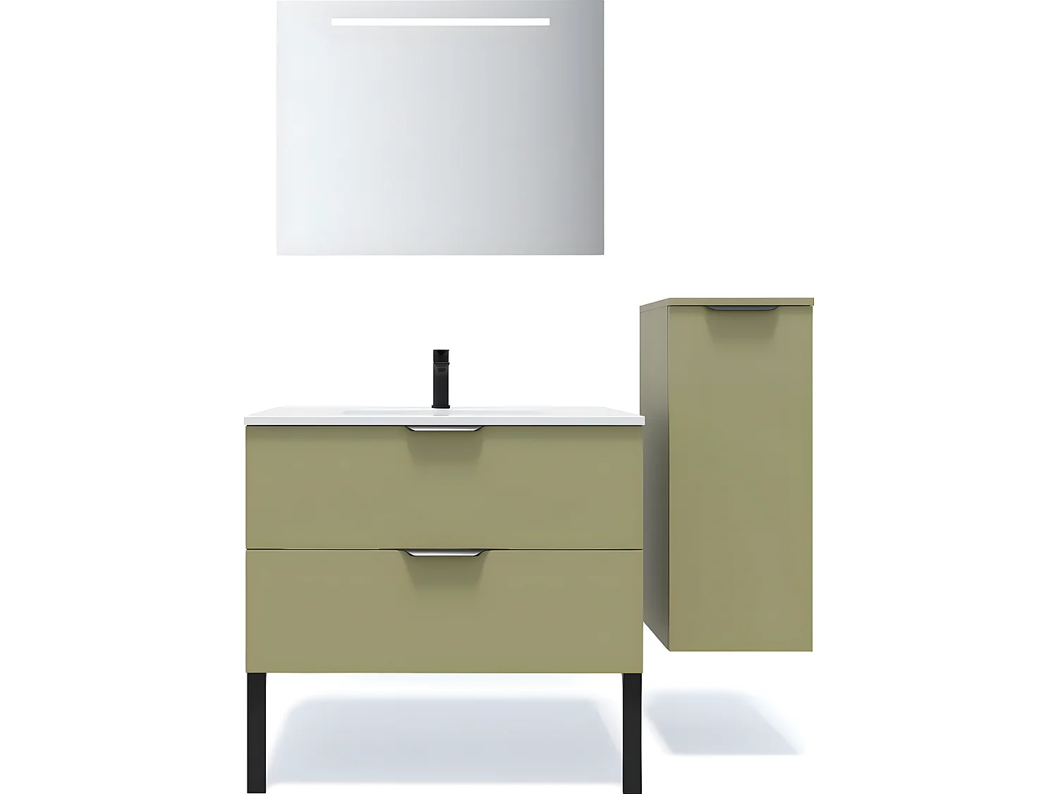 Meuble de salle de bain suspendu vasque intégrée 90cm 2 tiroirs Vert olive + miroir + colonne ouverture droite - Soho