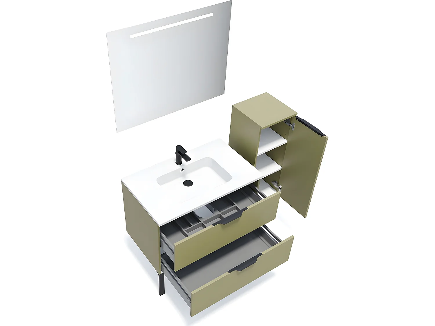Meuble de salle de bain suspendu vasque intégrée 90cm 2 tiroirs Vert olive + miroir + colonne ouverture droite - Soho