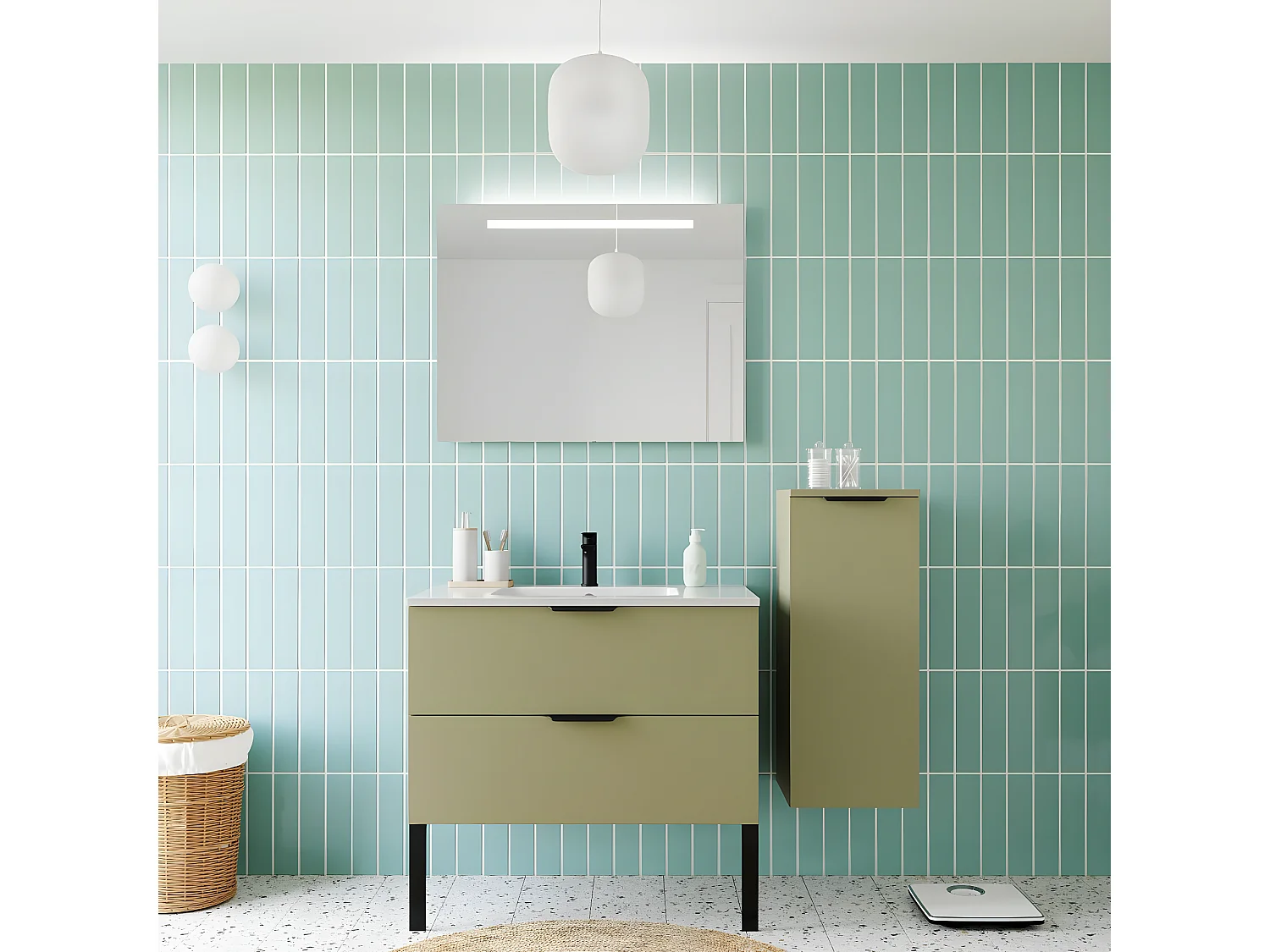 Meuble de salle de bain suspendu vasque intégrée 90cm 2 tiroirs Vert olive + miroir + colonne ouverture droite - Soho