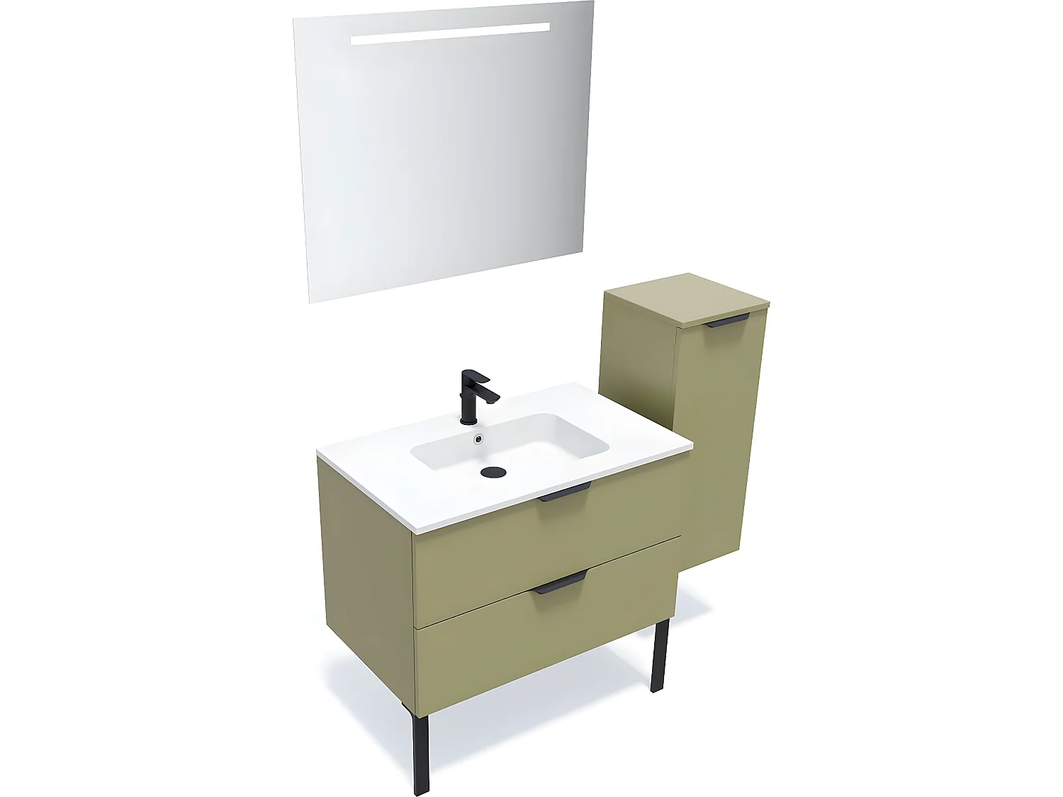 Meuble de salle de bain suspendu vasque intégrée 90cm 2 tiroirs Vert olive + miroir + colonne ouverture droite - Soho