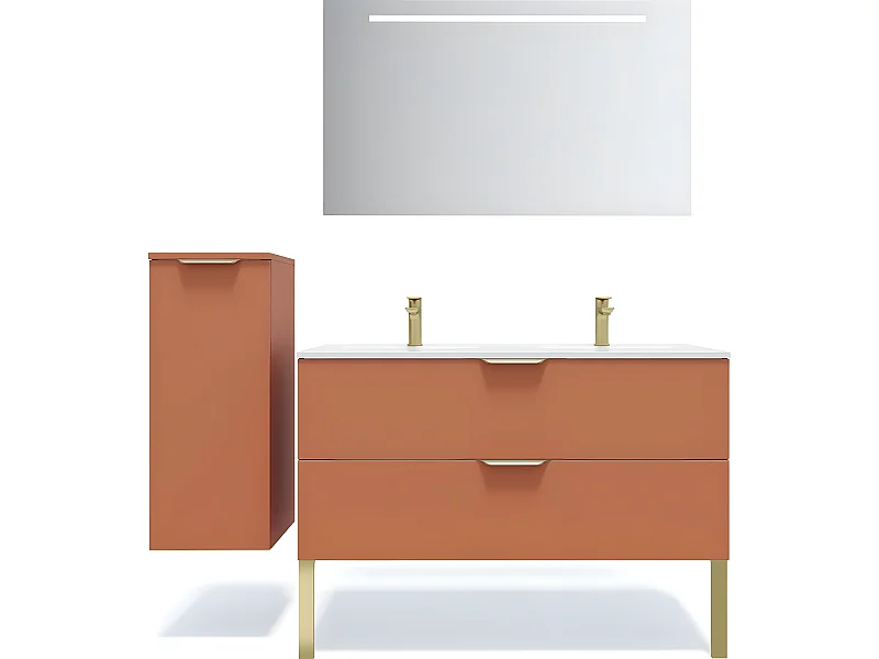 Meuble de salle de bain suspendu double vasque intégrée 120cm 2 tiroirs Terracotta + miroir + colonne ouverture gauche - Venice