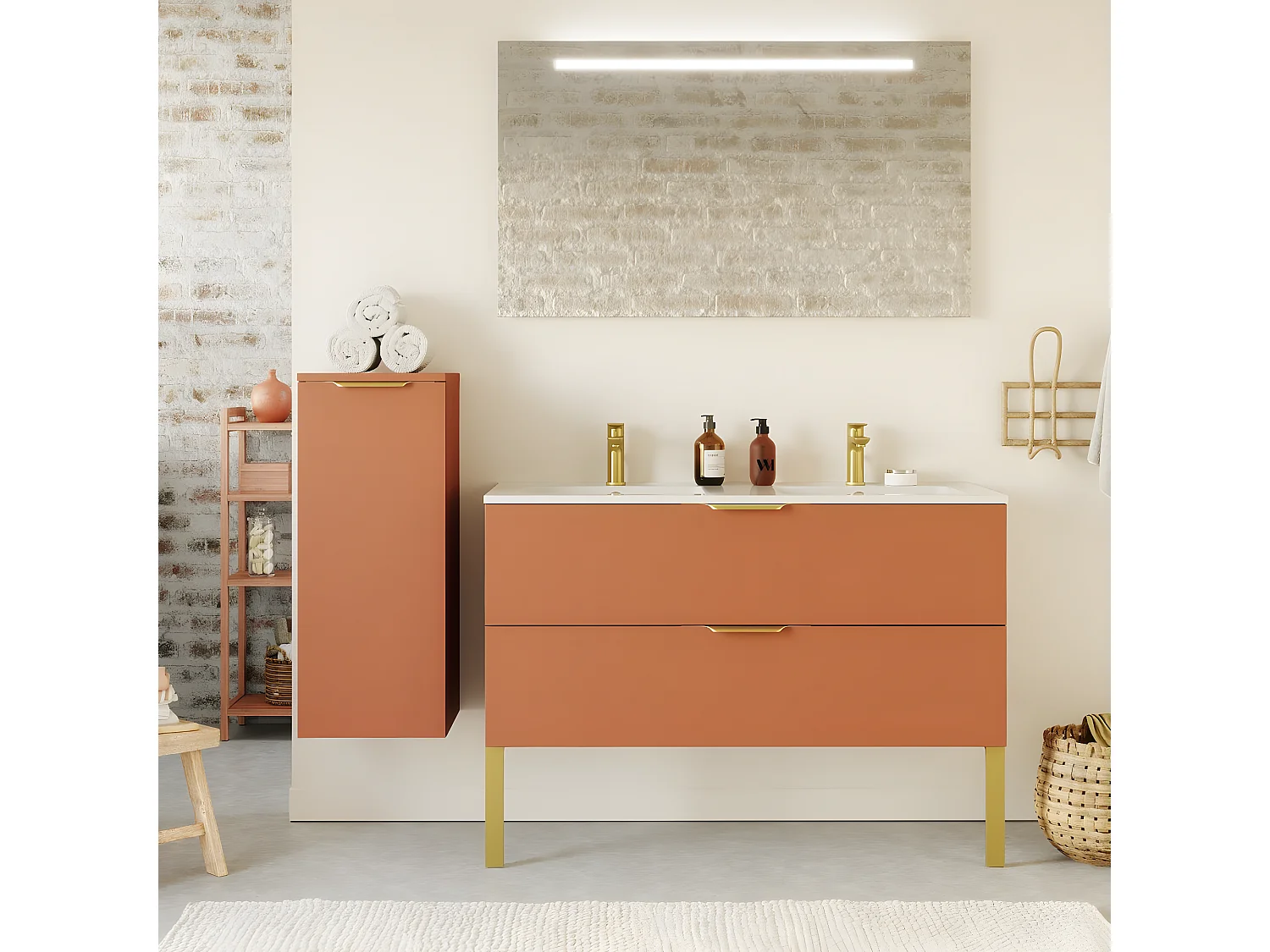 Meuble de salle de bain suspendu double vasque intégrée 120cm 2 tiroirs Terracotta + miroir + colonne ouverture gauche - Venice