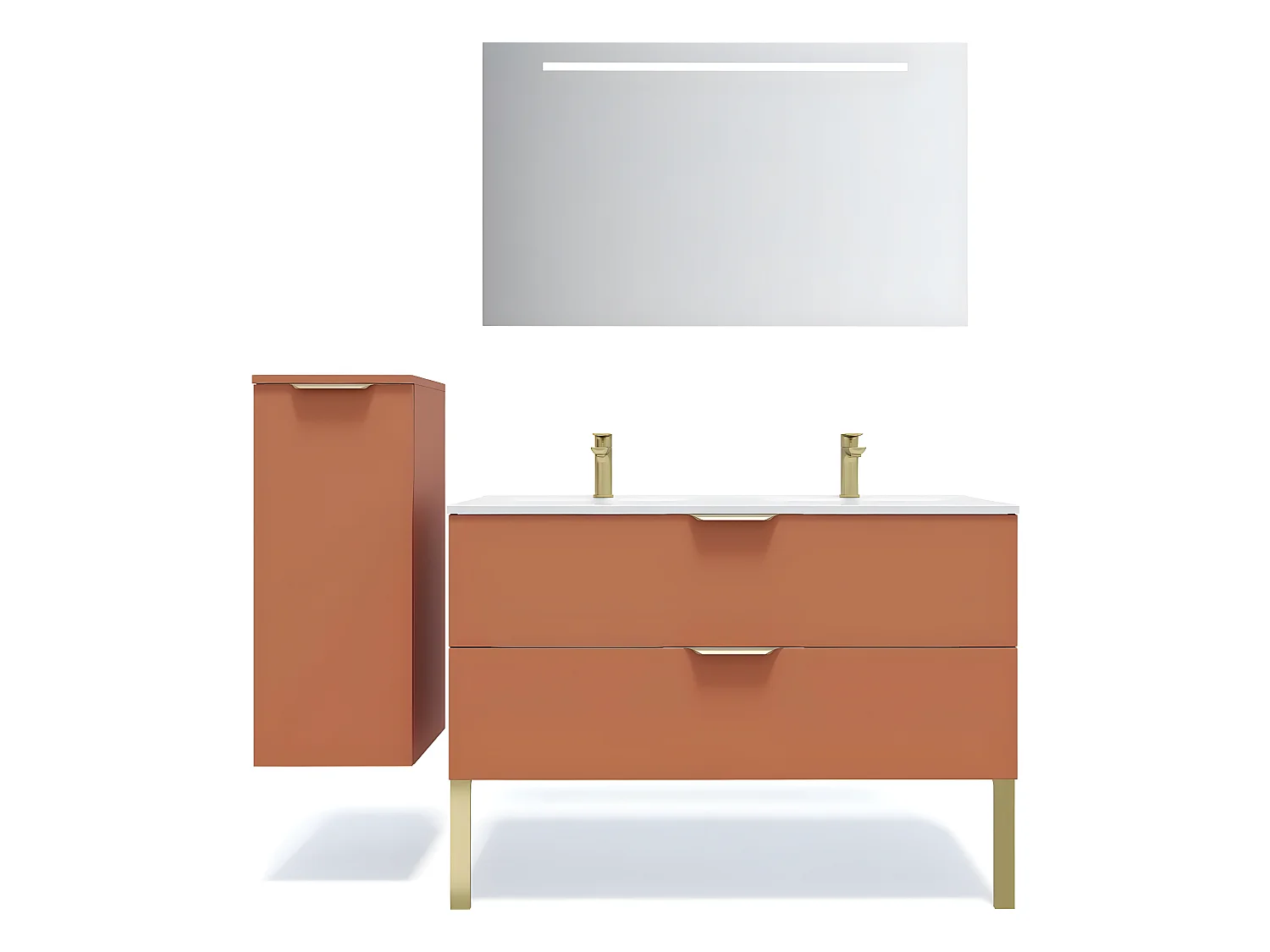 Meuble de salle de bain suspendu double vasque intégrée 120cm 2 tiroirs Terracotta + miroir + colonne ouverture gauche - Venice
