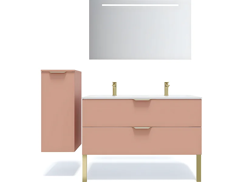 Meuble de salle de bain suspendu double vasque intégrée 120cm 2 tiroirs Abricot + miroir + colonne ouverture gauche - Venice