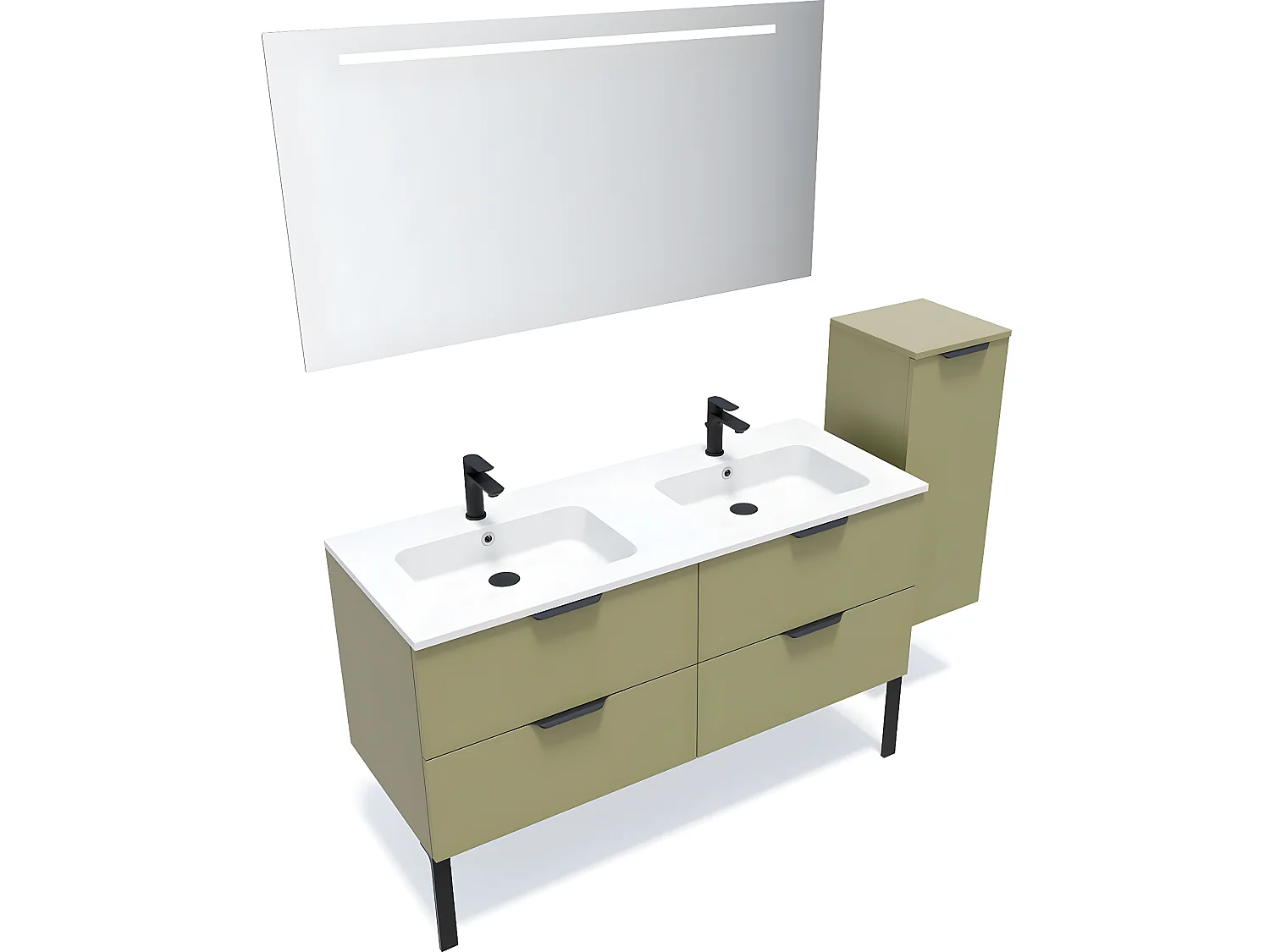 Meuble de salle de bain suspendu double vasque intégrée 140cm 4 tiroirs Vert olive + miroir + colonne ouverture droite - Soho