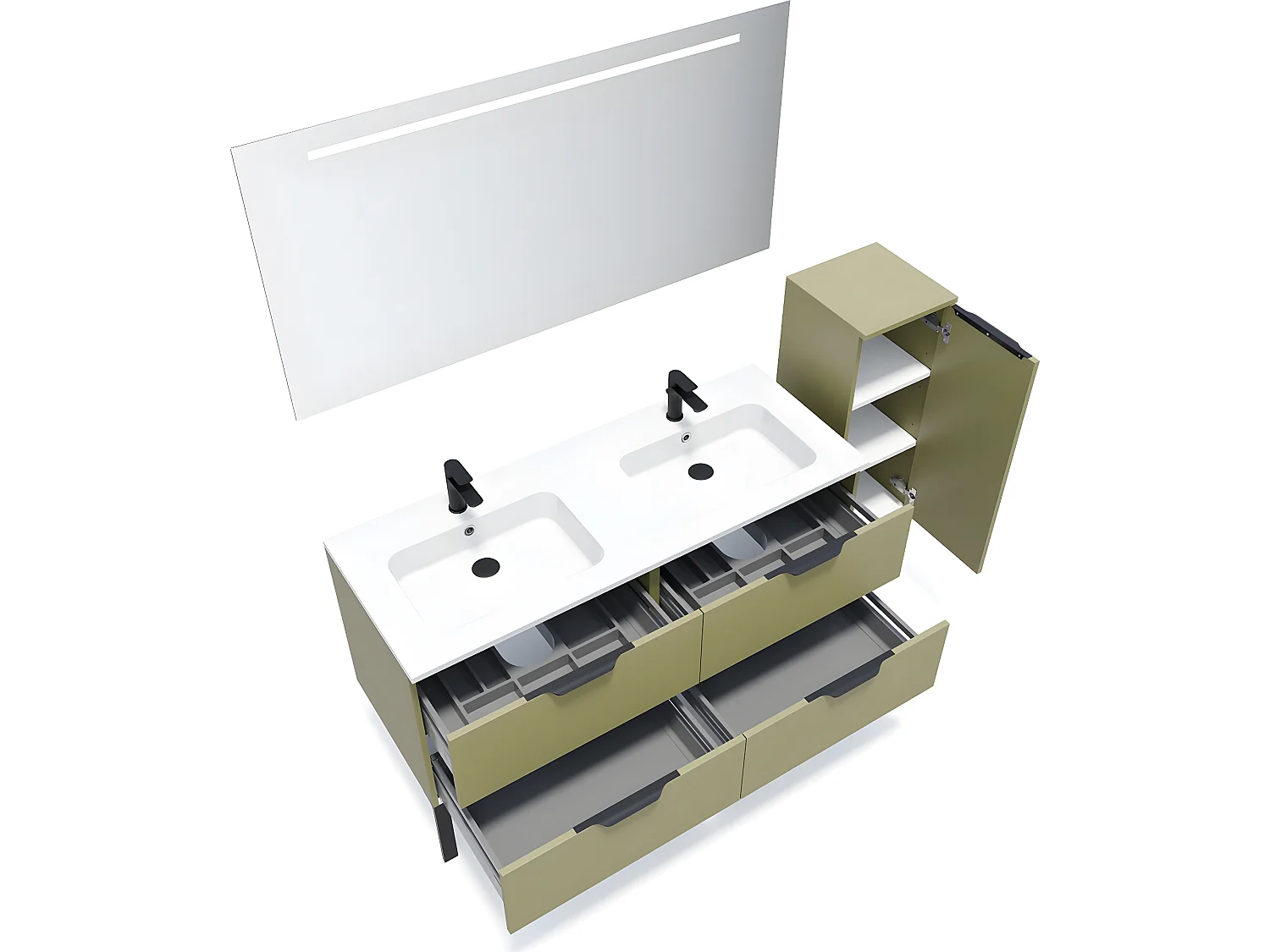 Meuble de salle de bain suspendu double vasque intégrée 140cm 4 tiroirs Vert olive + miroir + colonne ouverture droite - Soho