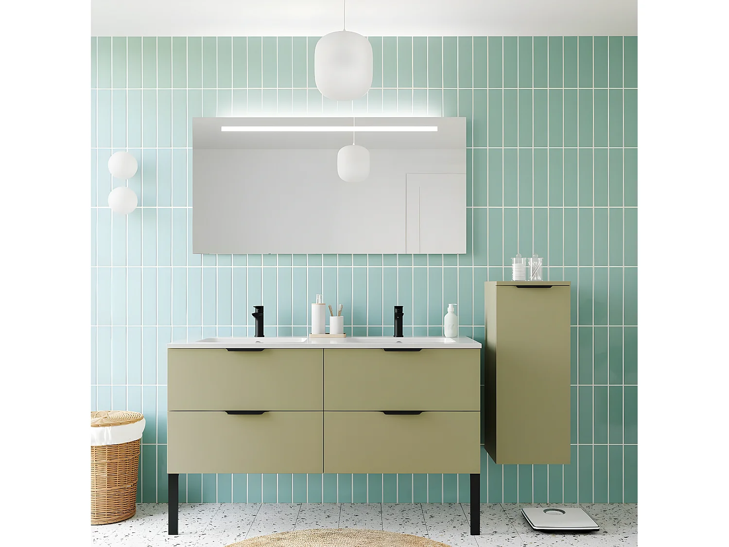Meuble de salle de bain suspendu double vasque intégrée 140cm 4 tiroirs Vert olive + miroir + colonne ouverture droite - Soho