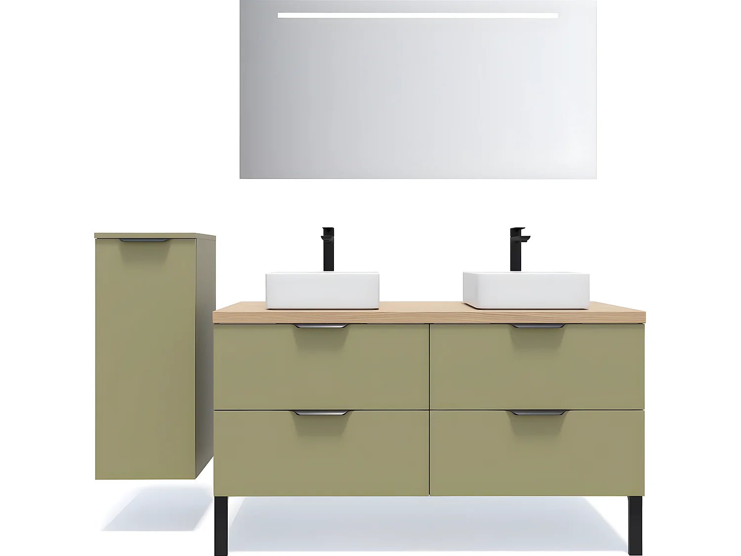 Meuble de salle de bain suspendu 2 vasques à poser 140cm 4 tiroirs Vert olive + miroir + colonne ouverture gauche - Soho