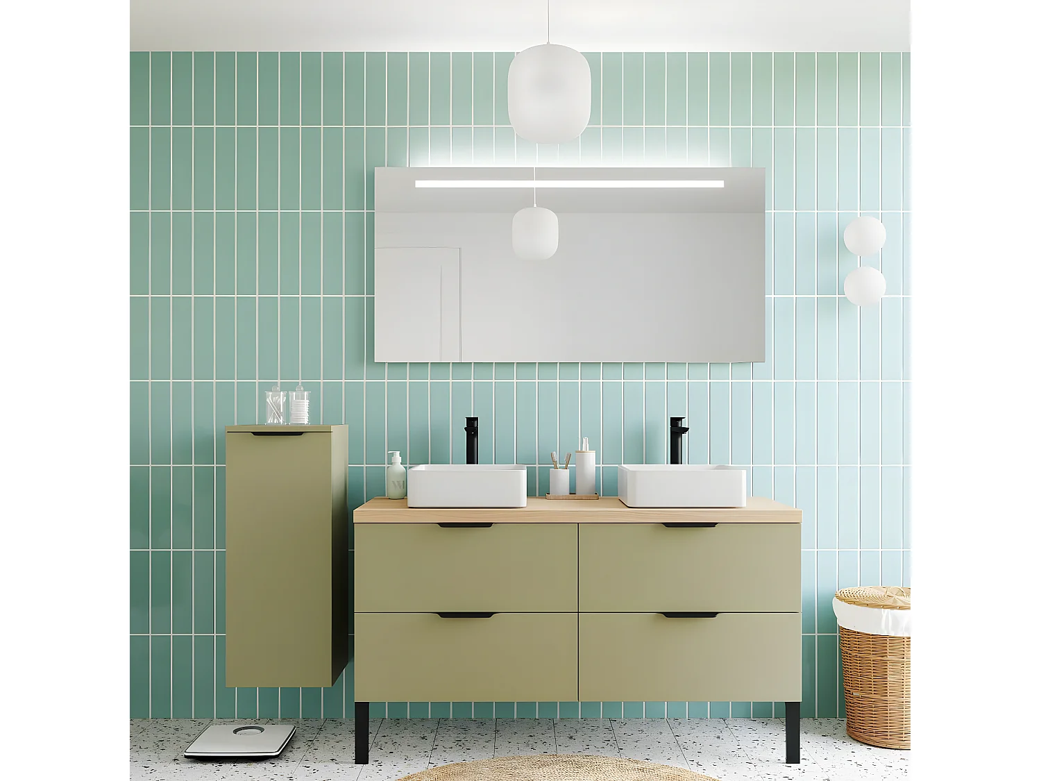 Meuble de salle de bain suspendu 2 vasques à poser 140cm 4 tiroirs Vert olive + miroir + colonne ouverture gauche - Soho