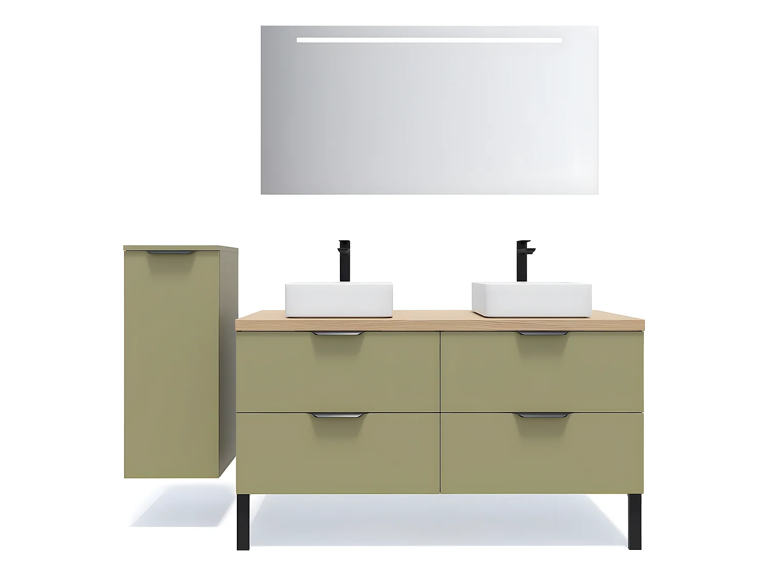 Meuble de salle de bain suspendu 2 vasques à poser 140cm 4 tiroirs Vert olive + miroir + colonne ouverture gauche - Soho