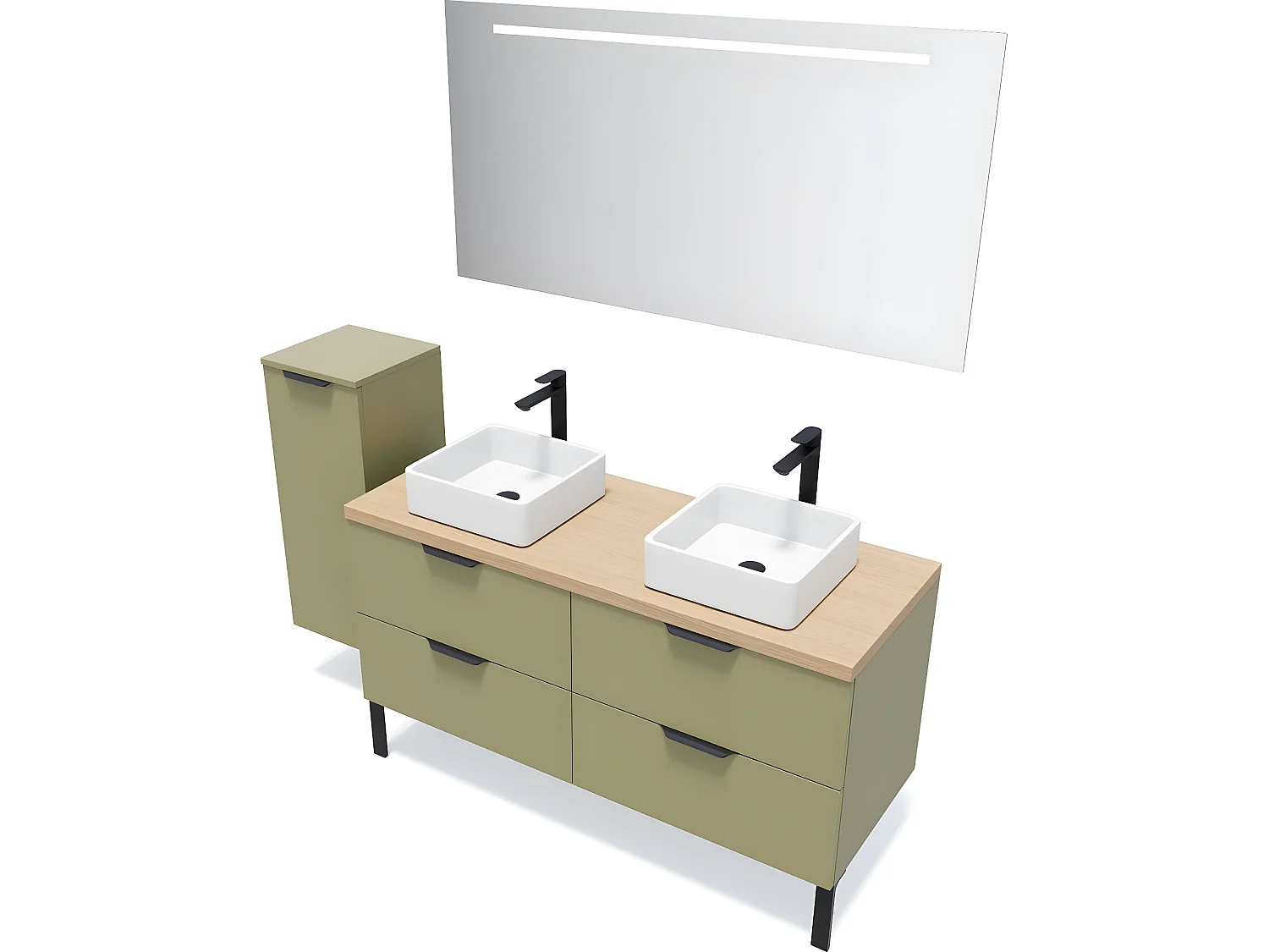 Meuble de salle de bain suspendu 2 vasques à poser 140cm 4 tiroirs Vert olive + miroir + colonne ouverture gauche - Soho