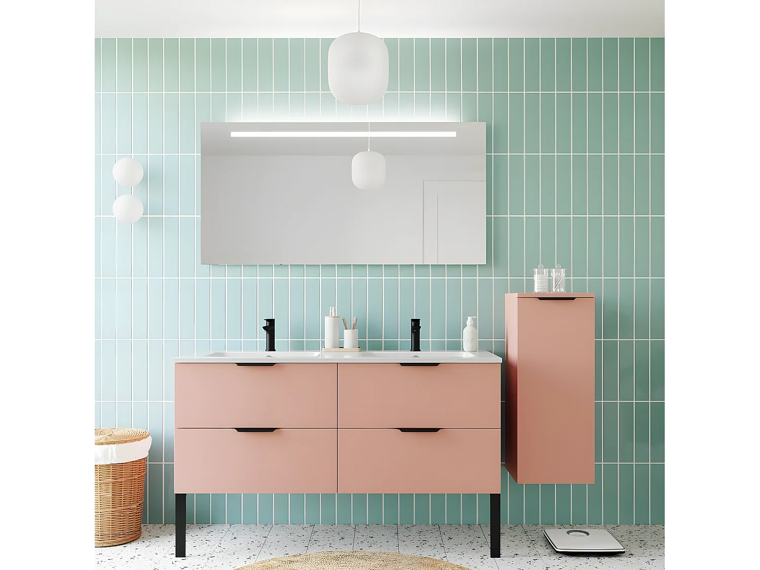 Meuble de salle de bain suspendu double vasque intégrée 140cm 4 tiroirs Abricot + miroir + colonne ouverture droite - Soho