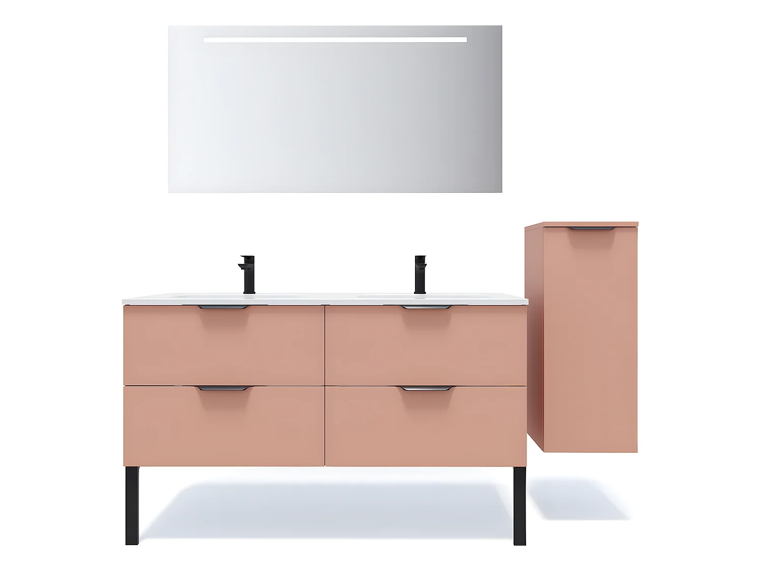 Meuble de salle de bain suspendu double vasque intégrée 140cm 4 tiroirs Abricot + miroir + colonne ouverture droite - Soho