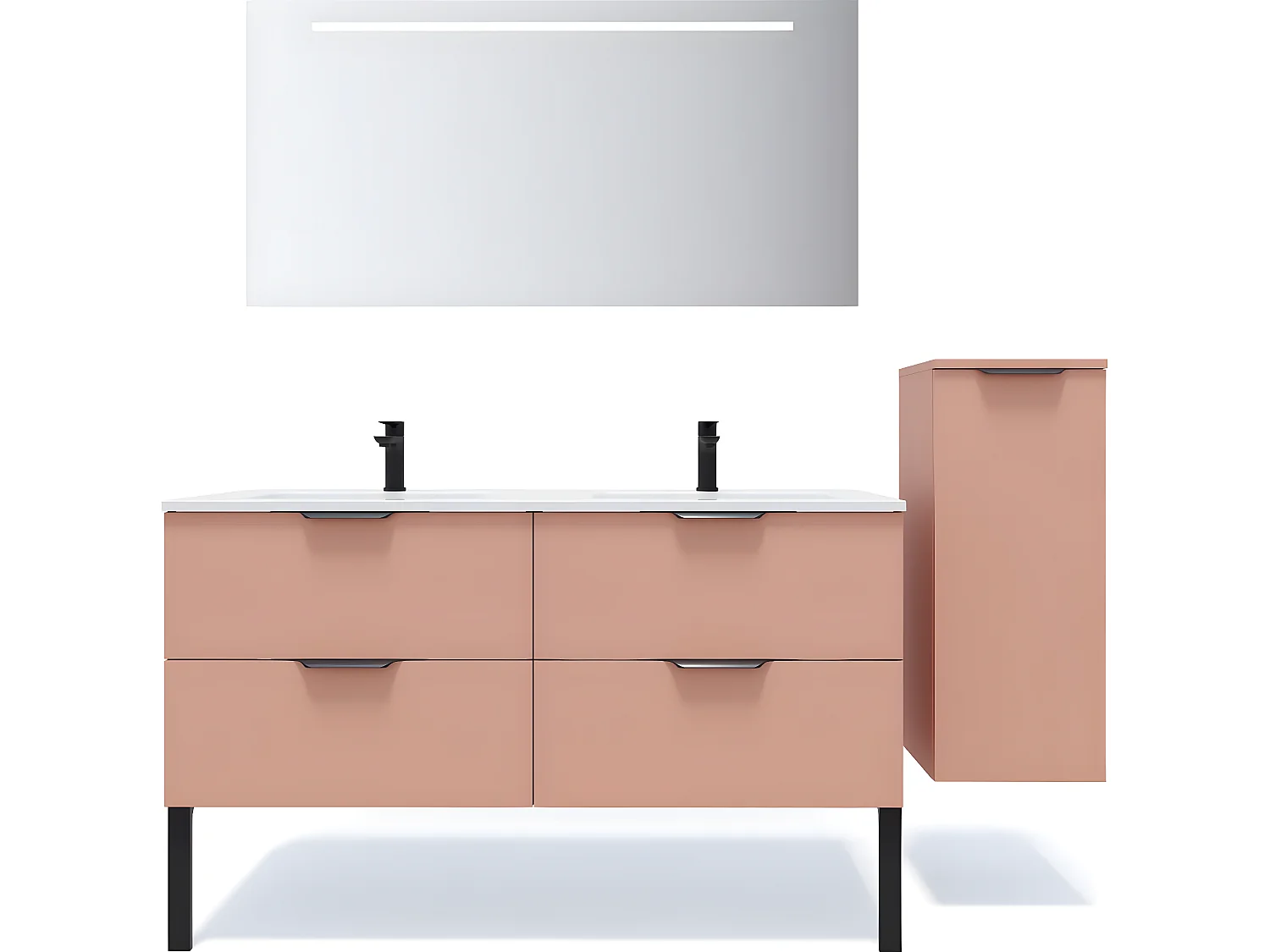 Meuble de salle de bain suspendu double vasque intégrée 140cm 4 tiroirs Abricot + miroir + colonne ouverture droite - Soho