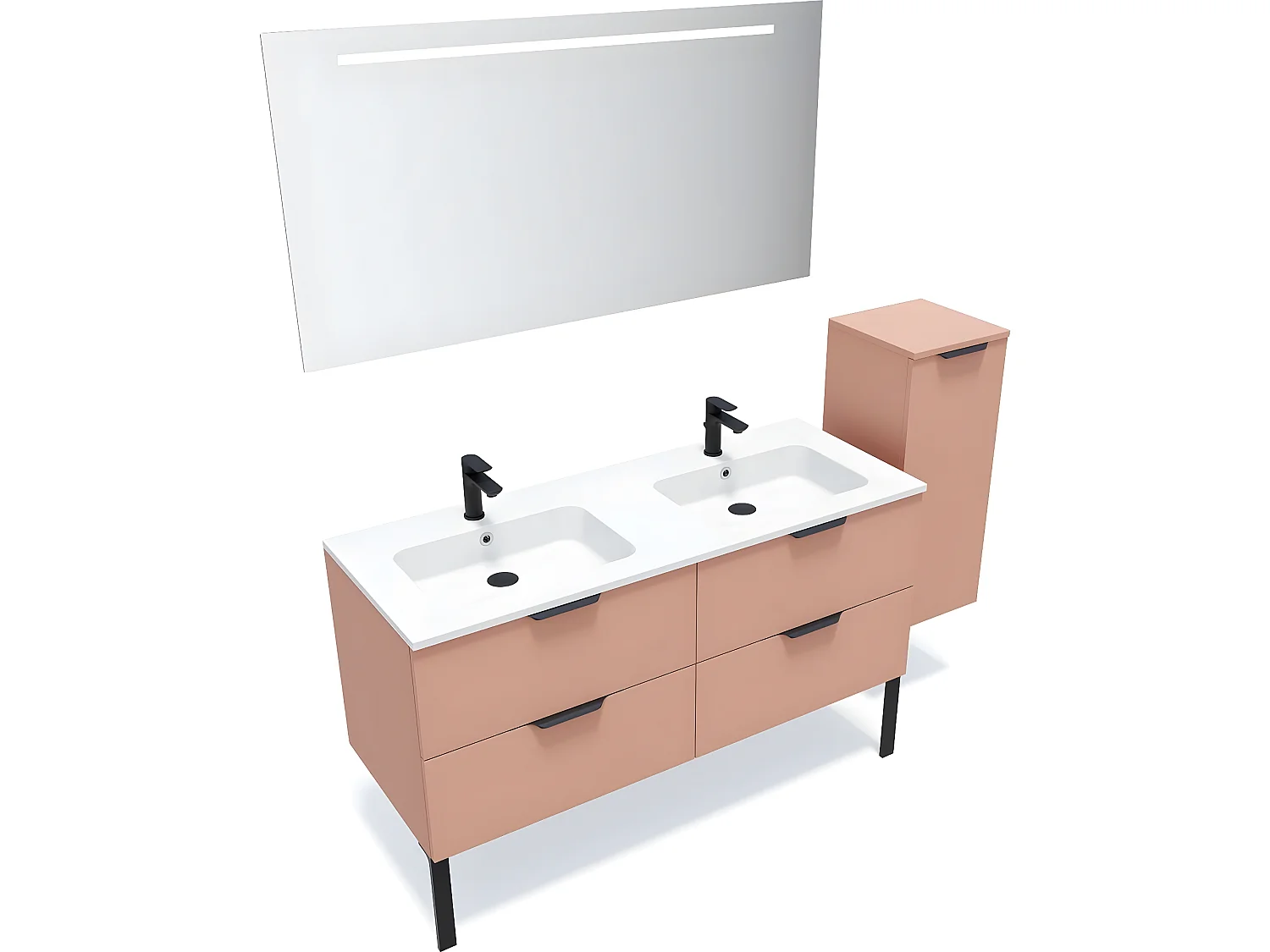 Meuble de salle de bain suspendu double vasque intégrée 140cm 4 tiroirs Abricot + miroir + colonne ouverture droite - Soho