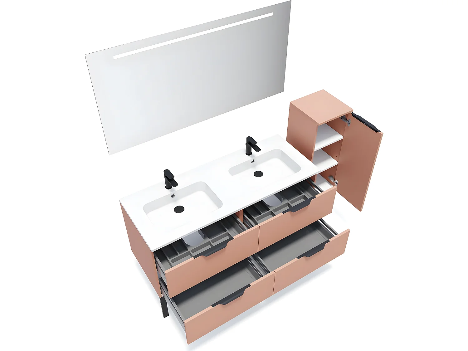 Meuble de salle de bain suspendu double vasque intégrée 140cm 4 tiroirs Abricot + miroir + colonne ouverture droite - Soho