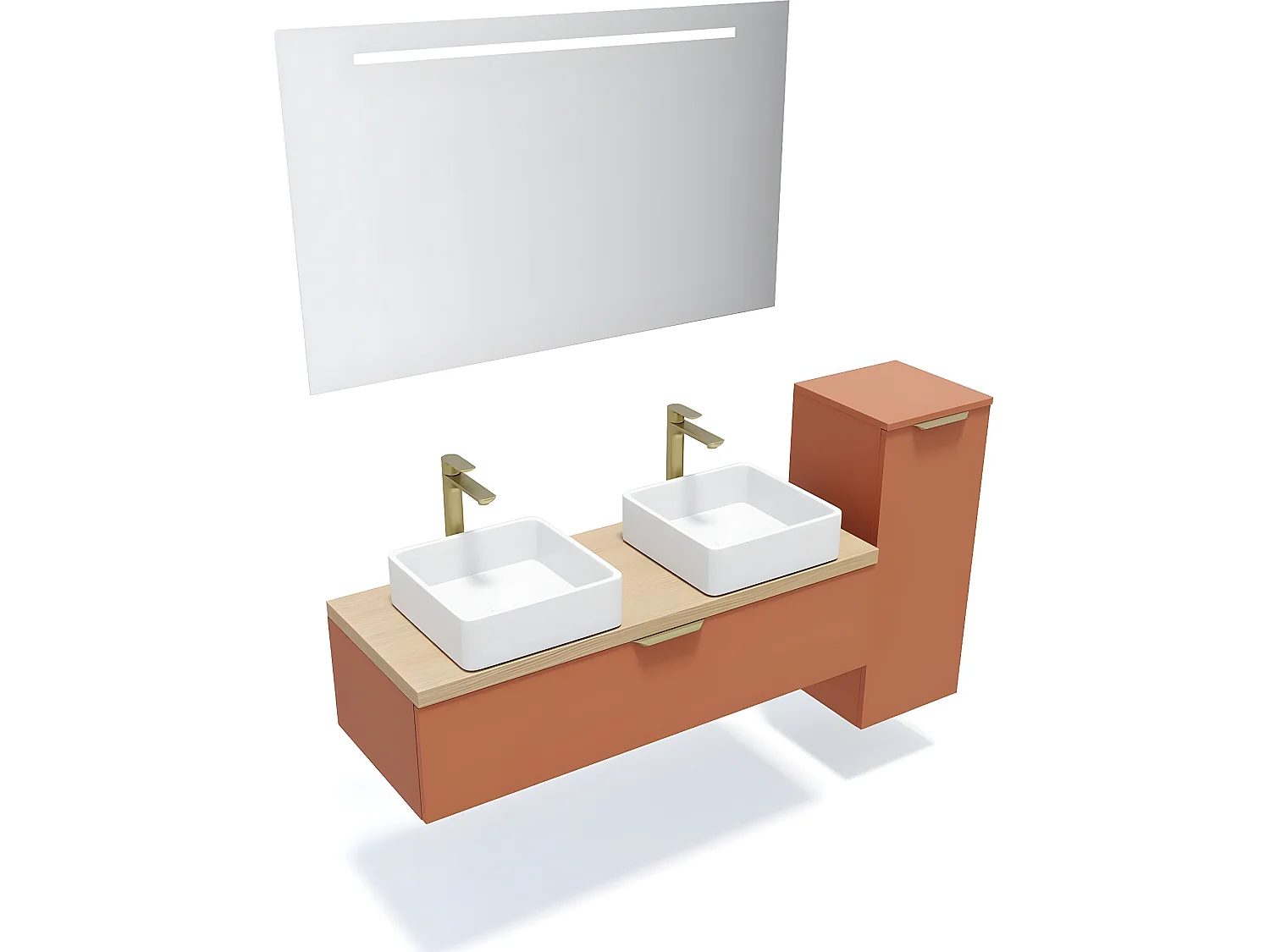Meuble de salle de bain suspendu 2 vasques à poser 120cm 1 tiroir Terracotta + miroir + colonne ouverture droite - Venice